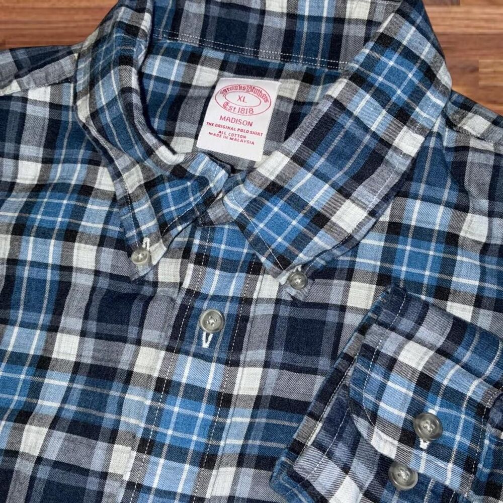 Brooks Brothers Madison Plaid Button-Down Shirt Blue Gray XL 100% Cotton